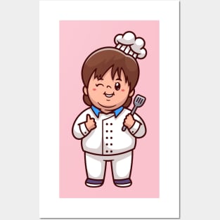 Cute Kid Chef Holding Spatula Cartoon Posters and Art